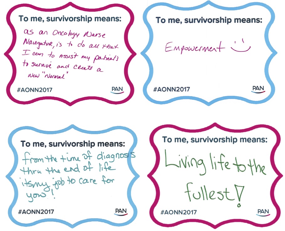 Handwritten messages from conference attendees expressing what survivorship means to them.